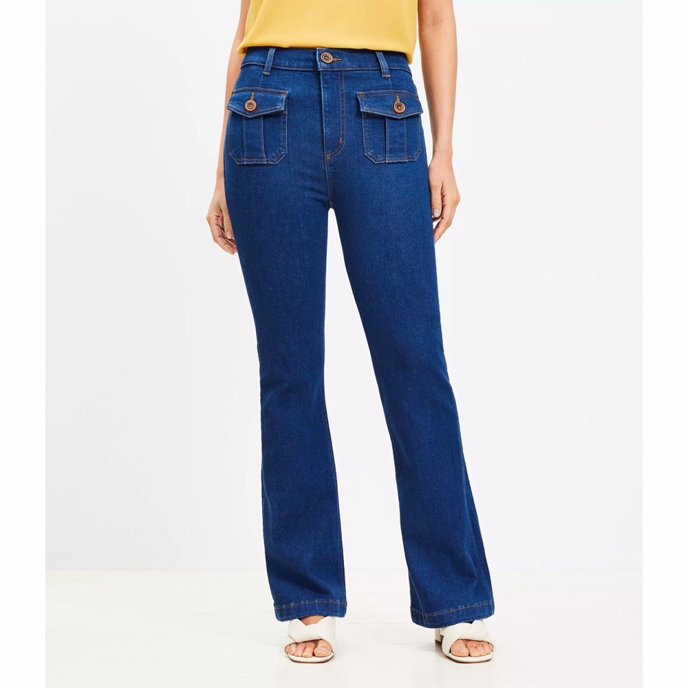 Loft Patch Pocket Slim Flare Jeans 27/4 High Rise Dark Wash Minimalist 2024